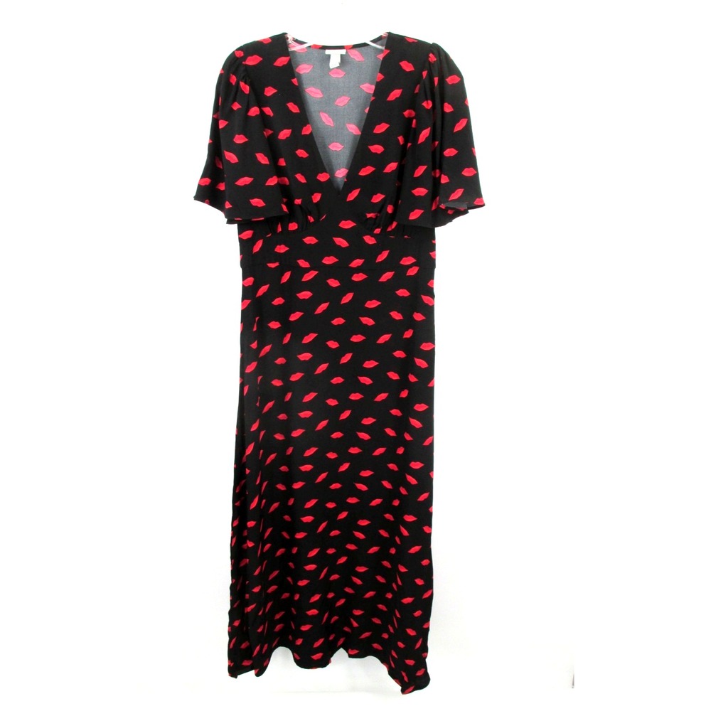 NWT A NEW DAY Maxi Sheath Dress Women Size 8 Black Red Lips V-Neck Valentines